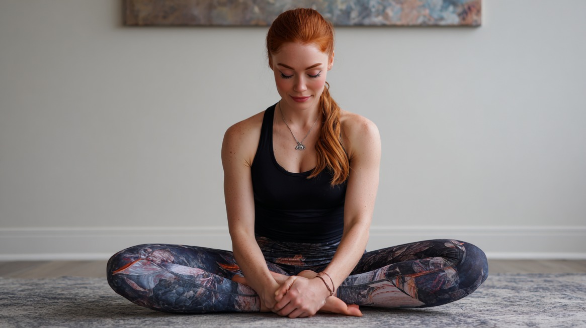 Woman sitting in butterfly pose on a yoga mat, practicing mindfulness indoors